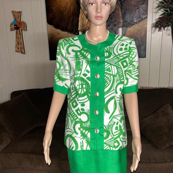 Gene Roye • Vintage • Silk • Lime Green / White • Geometric • Size 12 • Dress - Picture 2 of 16
